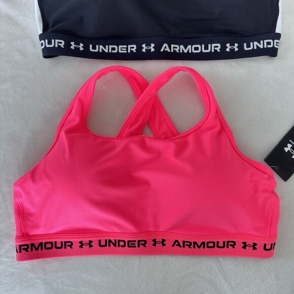 Under Armour Sports Bra Lot Women 2X Cross Back Mid Print Black Pink Compression - Picture 5 of 10